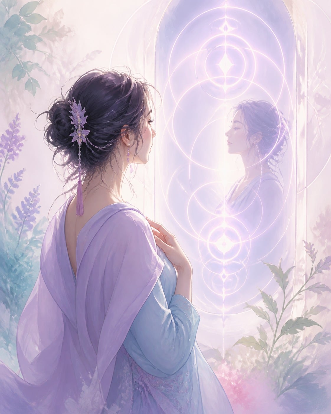 Personne contemplant un reflet lumineux évoquant une heure miroir