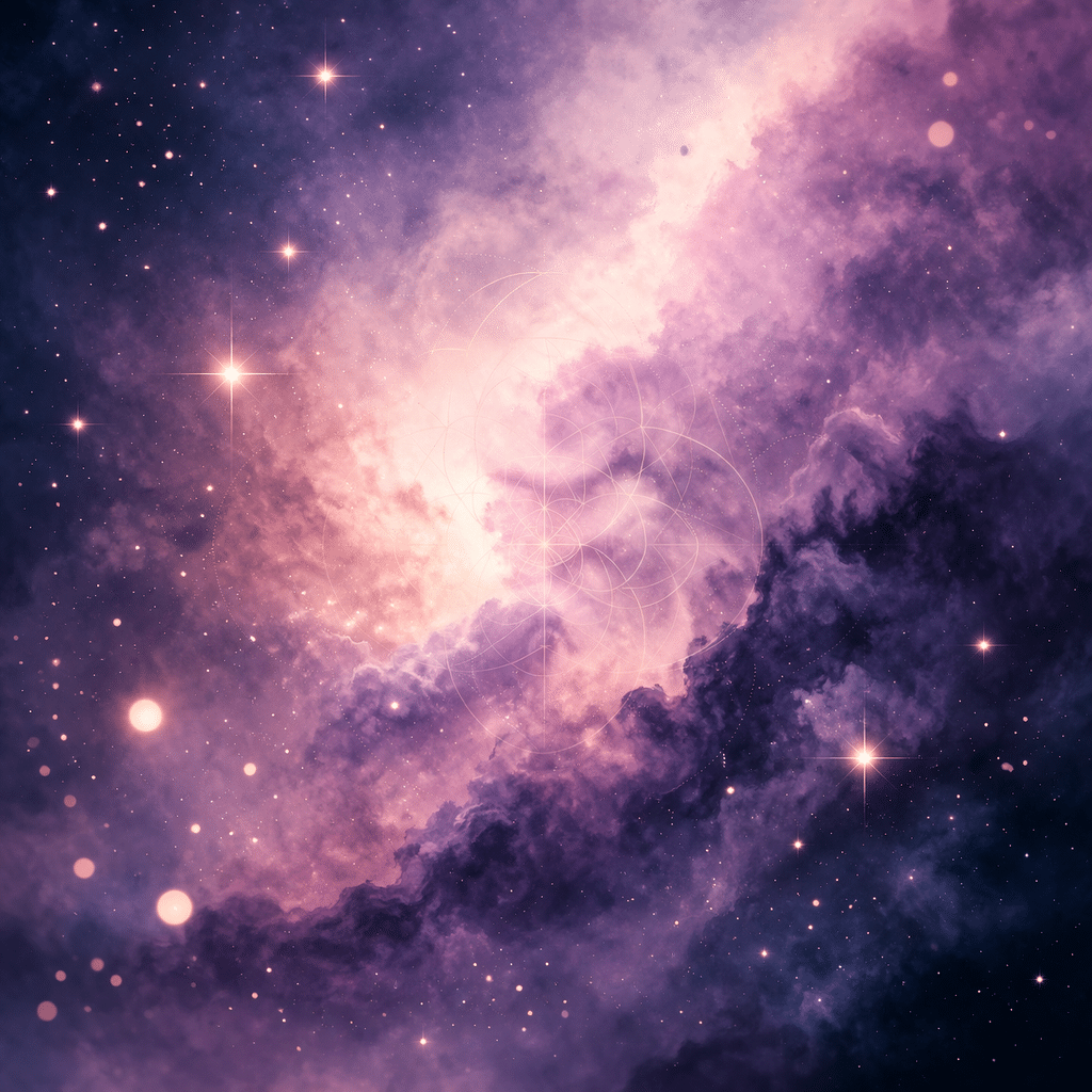 Nébuleuse douce rose et violette dans un ciel nocturne, ambiance cosmique apaisante, symbolique de transition intérieure