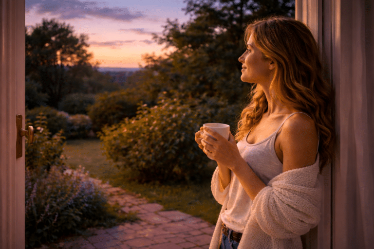 personne regardant le jardin au crépuscule d’été avec une tasse depuis une porte ouverte, ambiance douce et calme