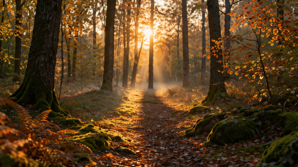 Forêt en automne au lever du soleil, lumière dorée entre les arbres, feuilles rousses et vertes, atmosphère sacrée et apaisante
