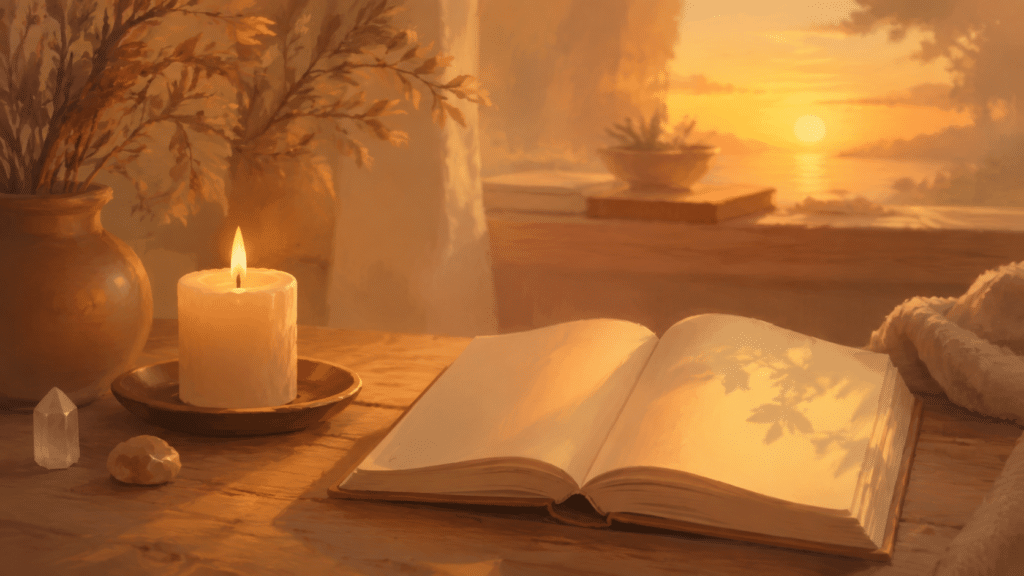 Bougie allumée et carnet ouvert le soir, moment de gratitude et de calme