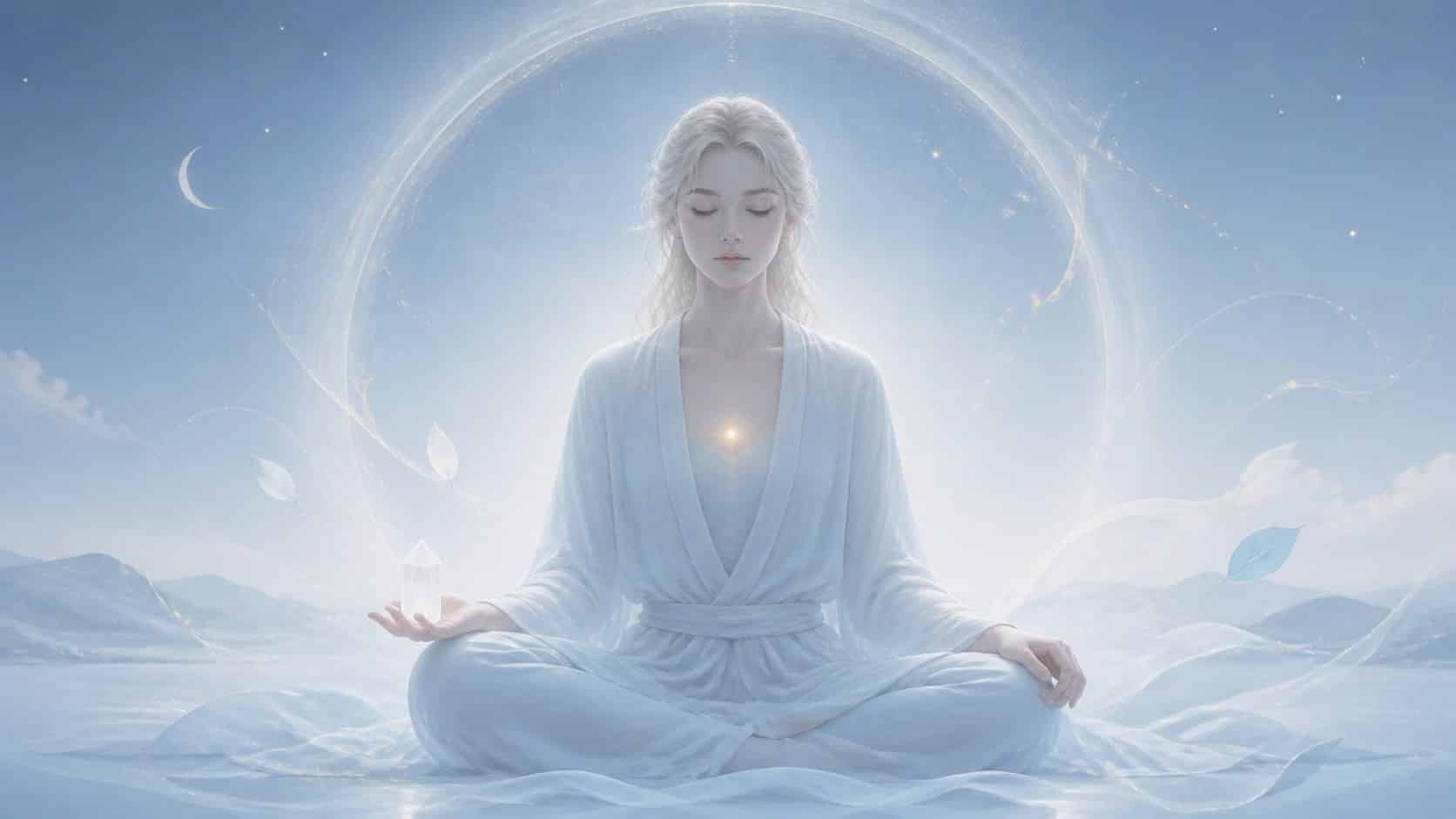 femme nordique assise en méditation avec une sélénite dans une lumière de minuit nacrée, méditation de l'heure 00:01