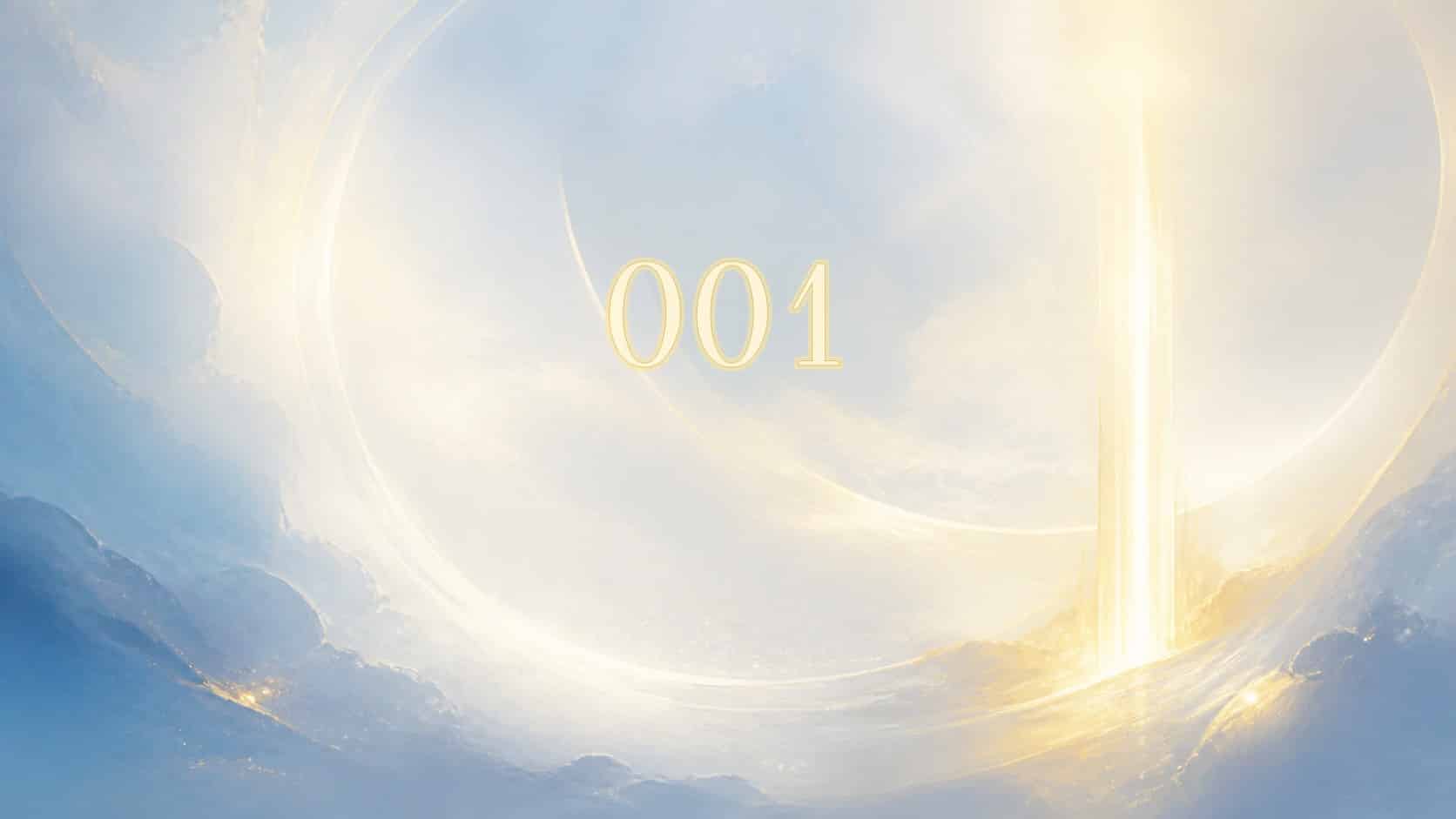 suite 001 et nombre 1 en blanc nacré et or pâle, associations de l'heure 00:01