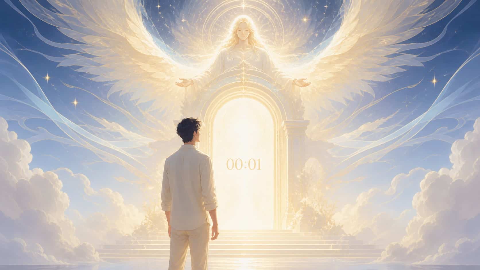 personnage latinos devant un seuil blanc nacré avec Vehuiah en lumière dorée, symbolique de l'heure 00:01