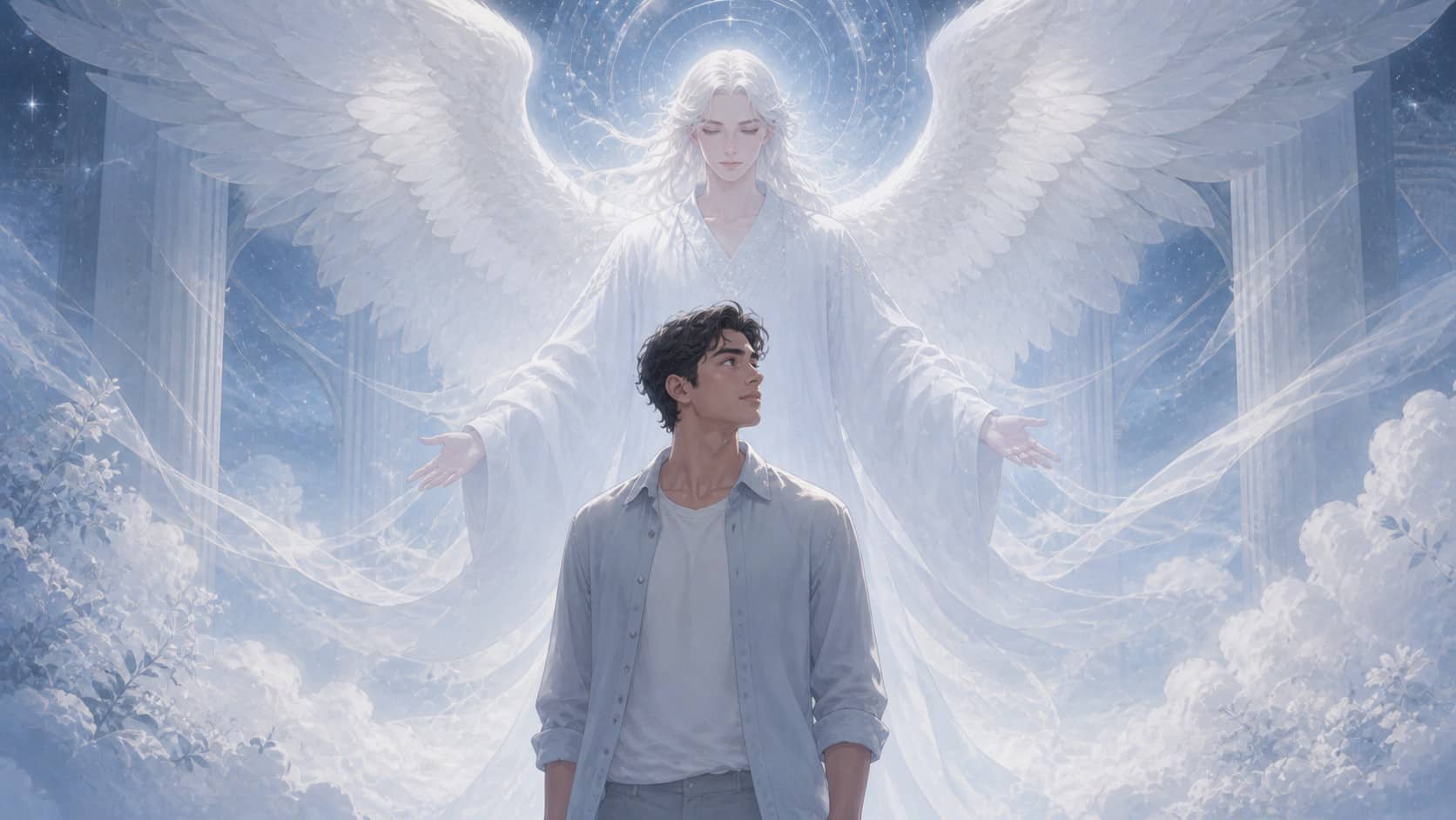 personnage latinos devant une lumière bleu argent avec Elemiah, symbolique de l'heure 01:00