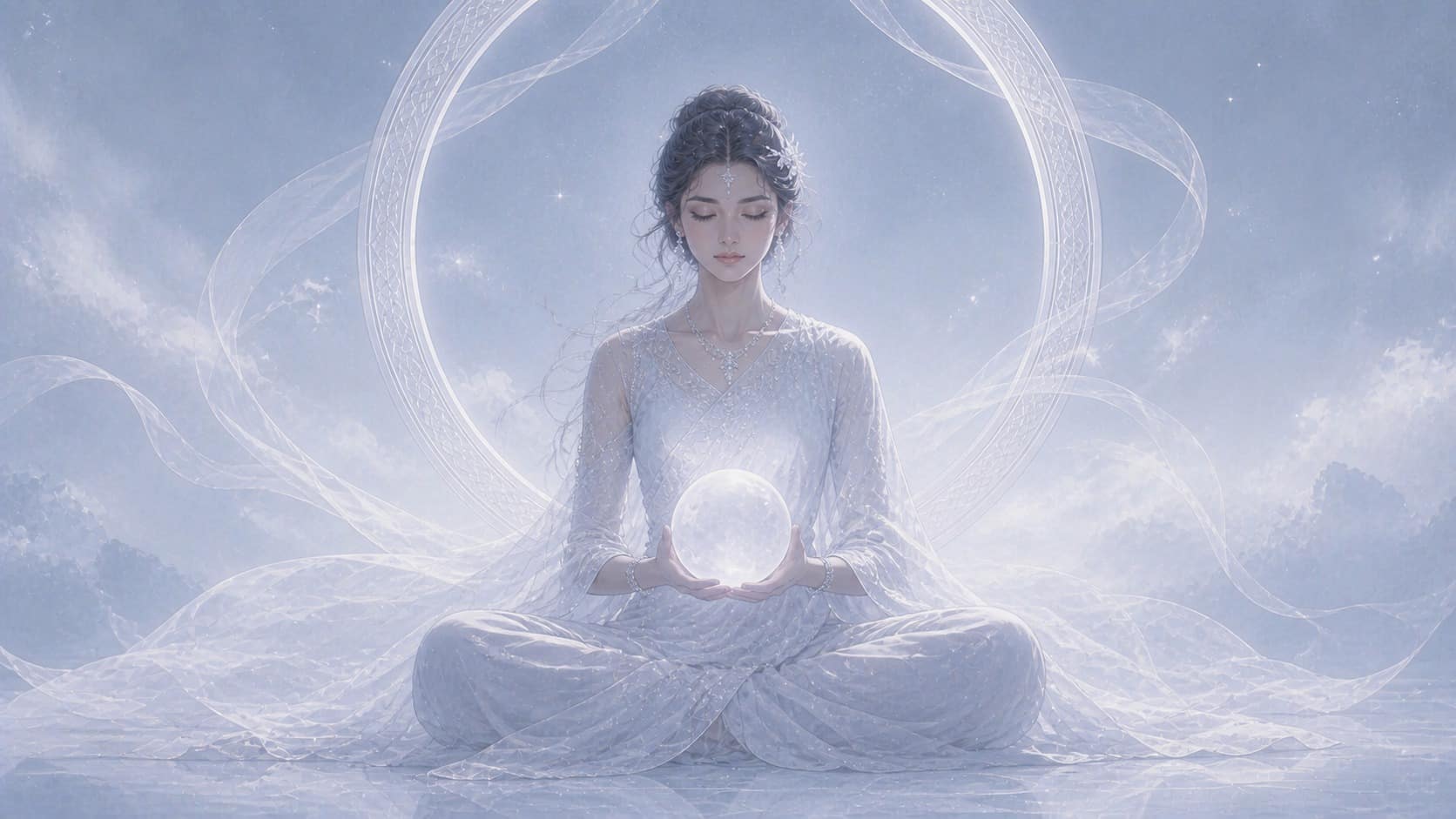 femme latinos assise en méditation avec une sélénite dans une lumière bleu acier, méditation de l'heure 01:00
