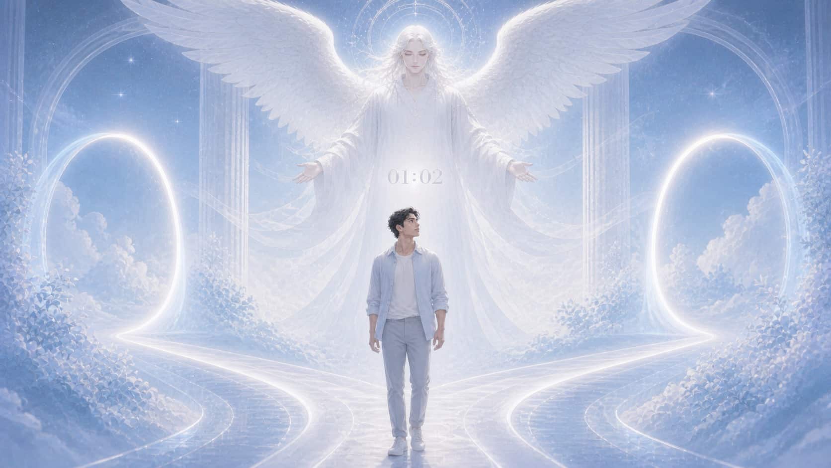 personnage latinos sur un chemin bleu argent avec Elemiah, symbolique de l'heure 01:02