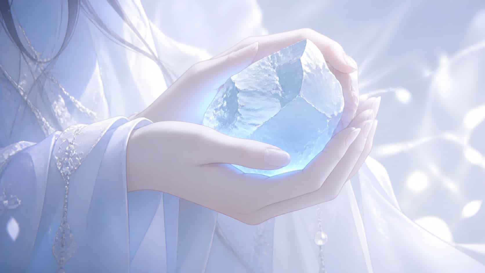 mains asiatiques tenant une calcite bleue dans un geste d'écoute et de parole douce, message de l'heure 01:02