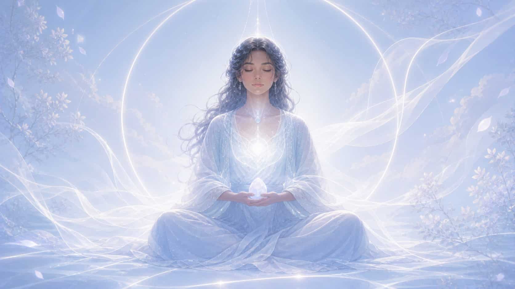 femme latinos assise en méditation avec une pierre de lune blanche, méditation de l'heure 01:02