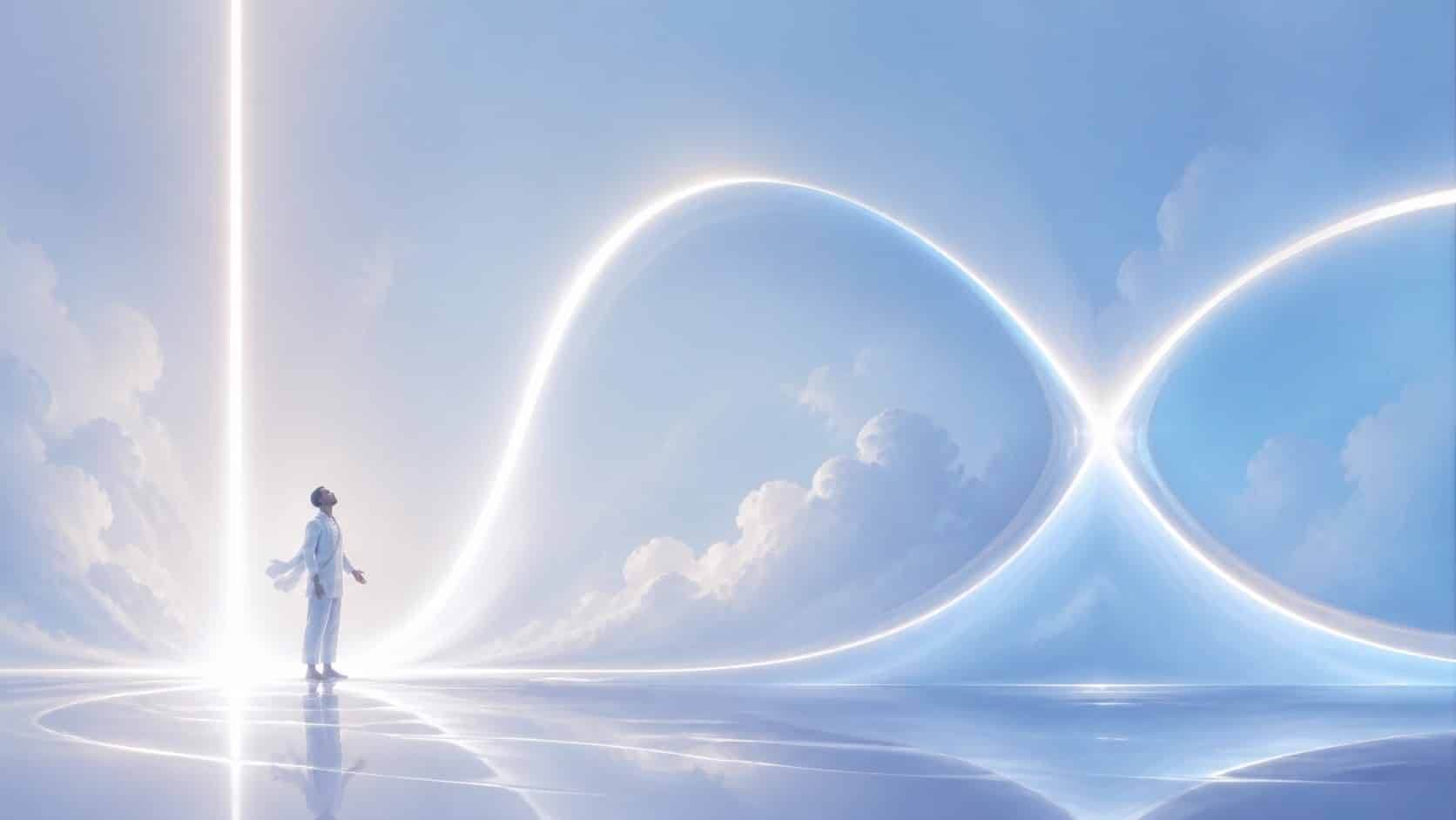 homme africain entre une ligne lumineuse et deux arcs bleu nacré, vibration de l'heure 01:02