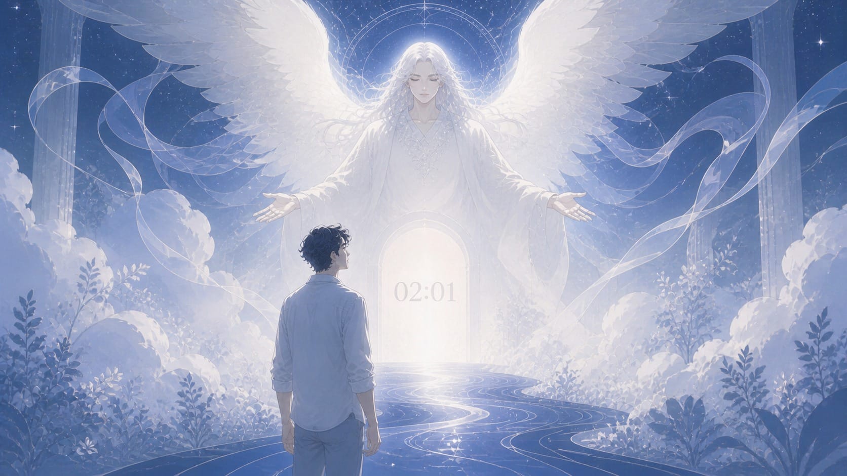 personnage latinos sur un chemin bleu lunaire avec Achaiah, symbolique de l'heure 02:01