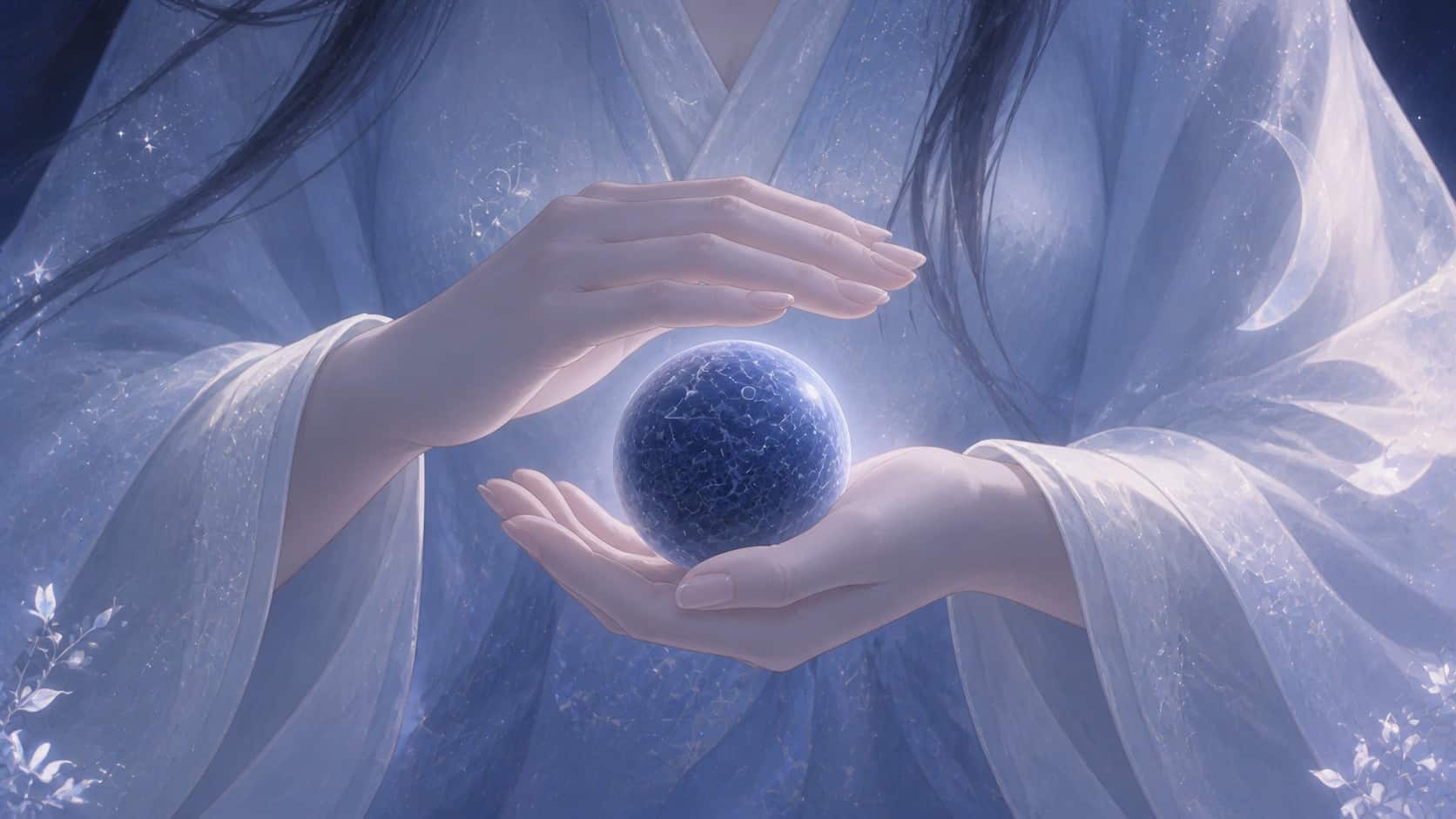 mains asiatiques posées sur une sodalite, clarification intérieure de l'heure 02:01