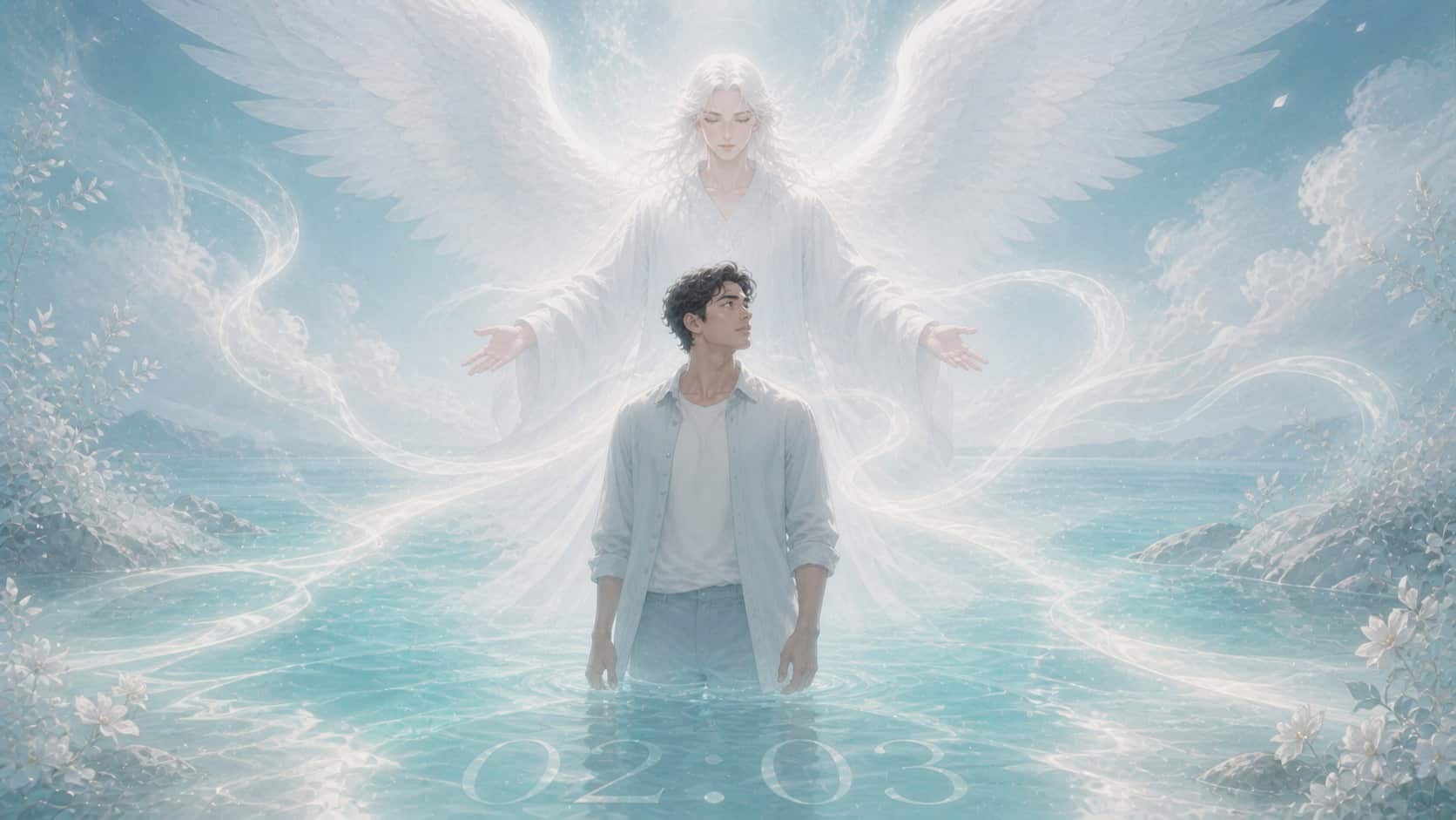 personnage latinos avec Achaiah au-dessus d'une eau turquoise, symbolique de l'heure 02:03