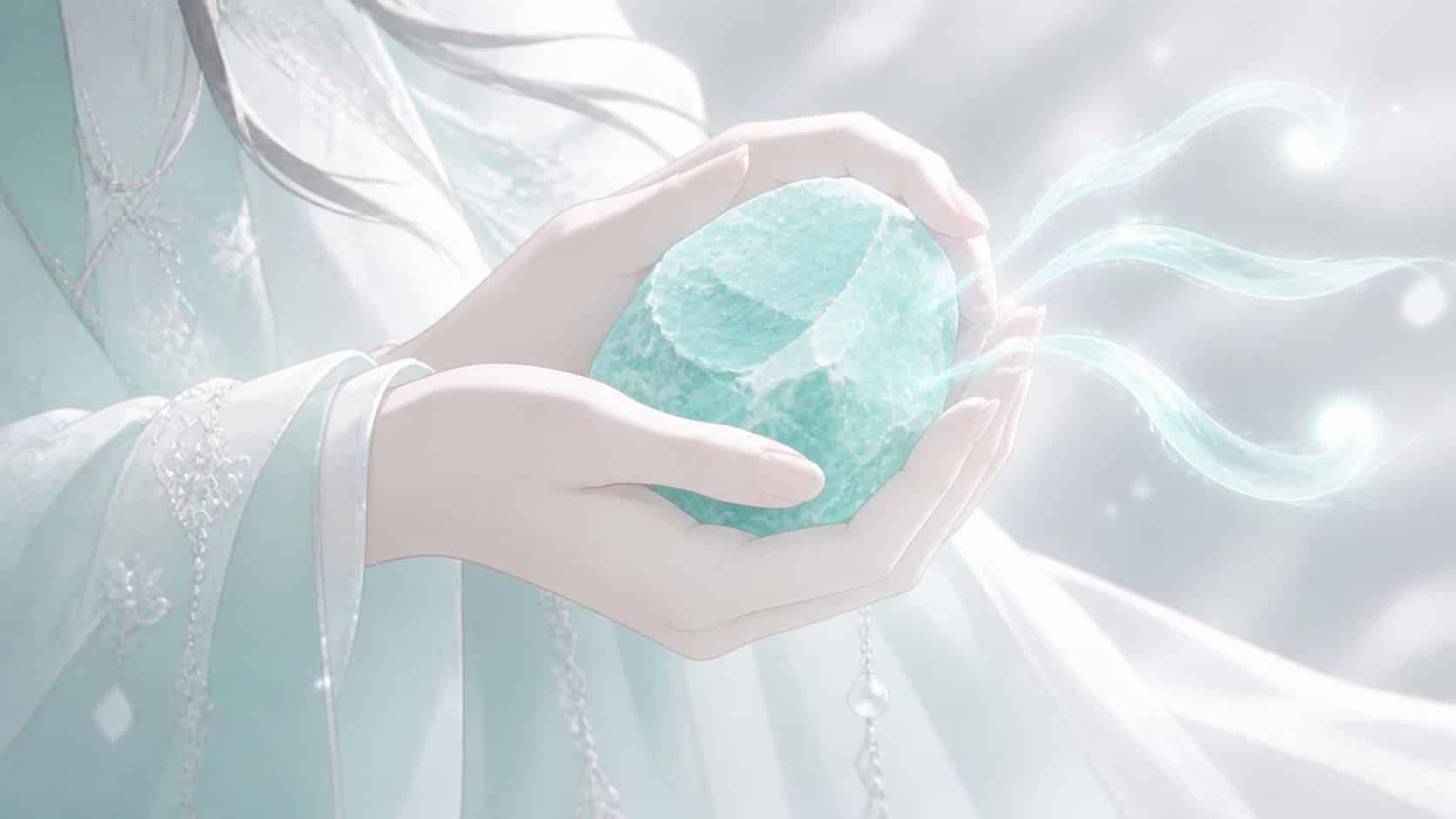 mains asiatiques tenant une amazonite, parole apaisée de l'heure 02:03