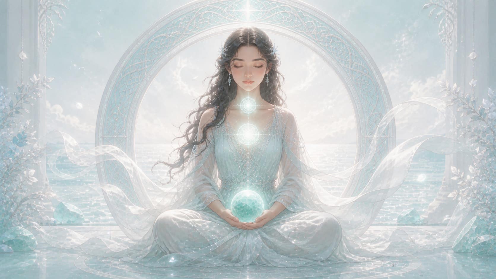 femme latinos méditant devant trois cercles turquoise, méditation de l'heure 02:03