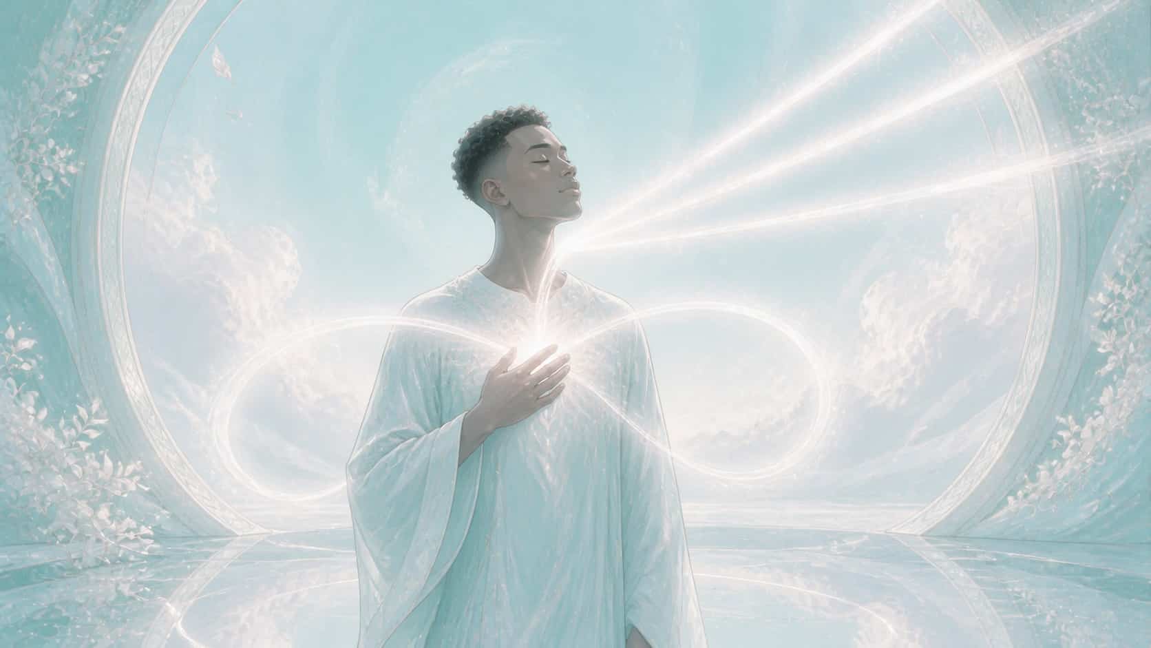 homme africain avec deux fils lumineux devenant trois rayons turquoise, signification heure 02:03