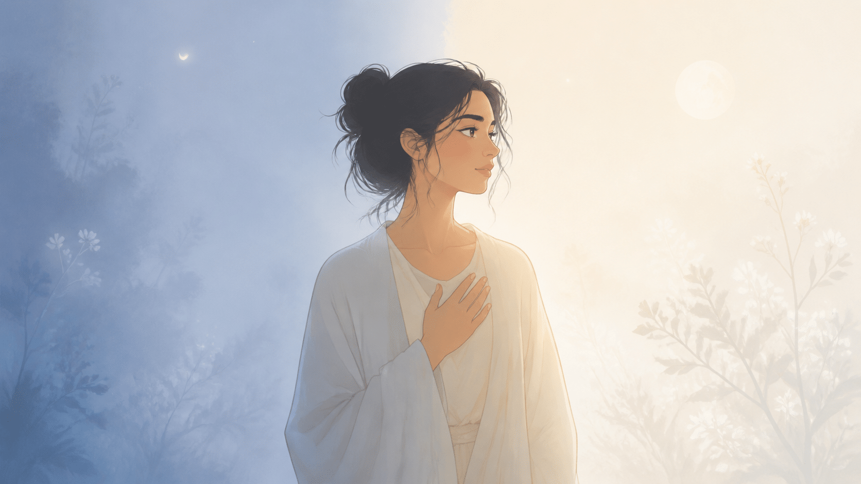 femme moyen-orientale entre silence bleu brume et lumière nacrée, enseignement de l'heure 02:10