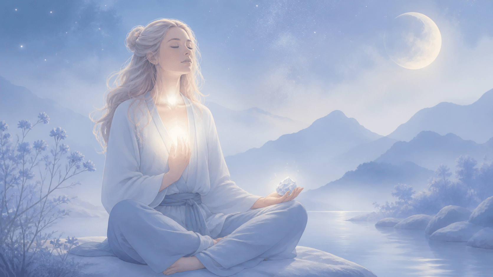 femme nordique assise en méditation nocturne avec une célestine, méditation de l'heure 02:10