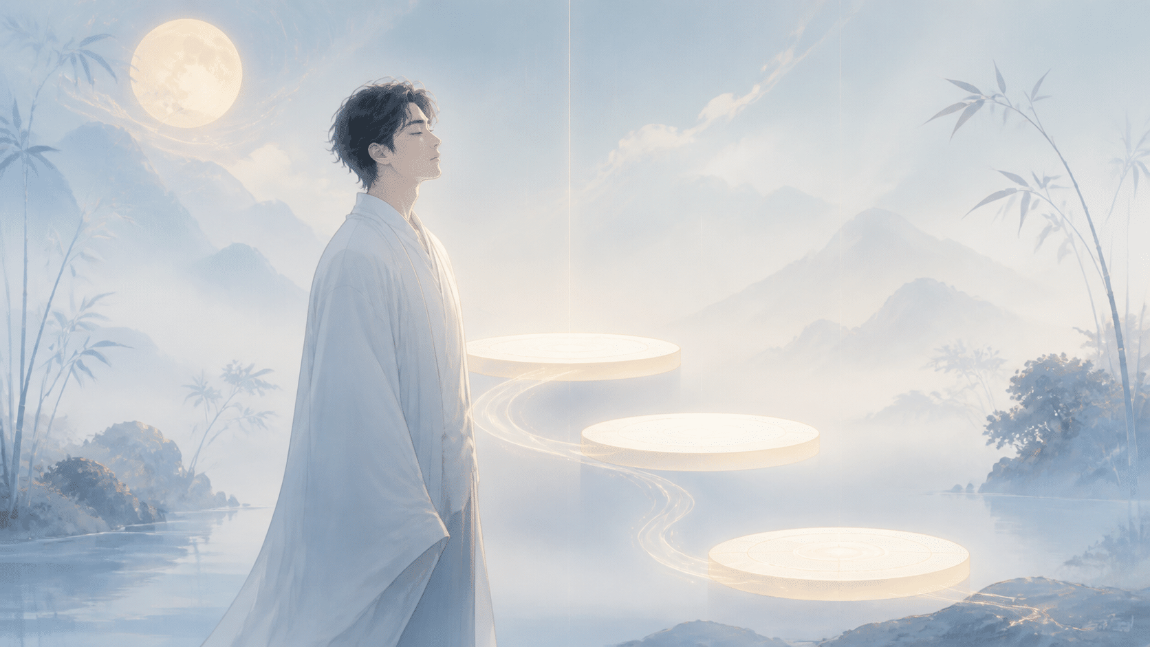 homme asiatique dans une lumière bleu brume, retour au point source et vibration de l'heure 02:10