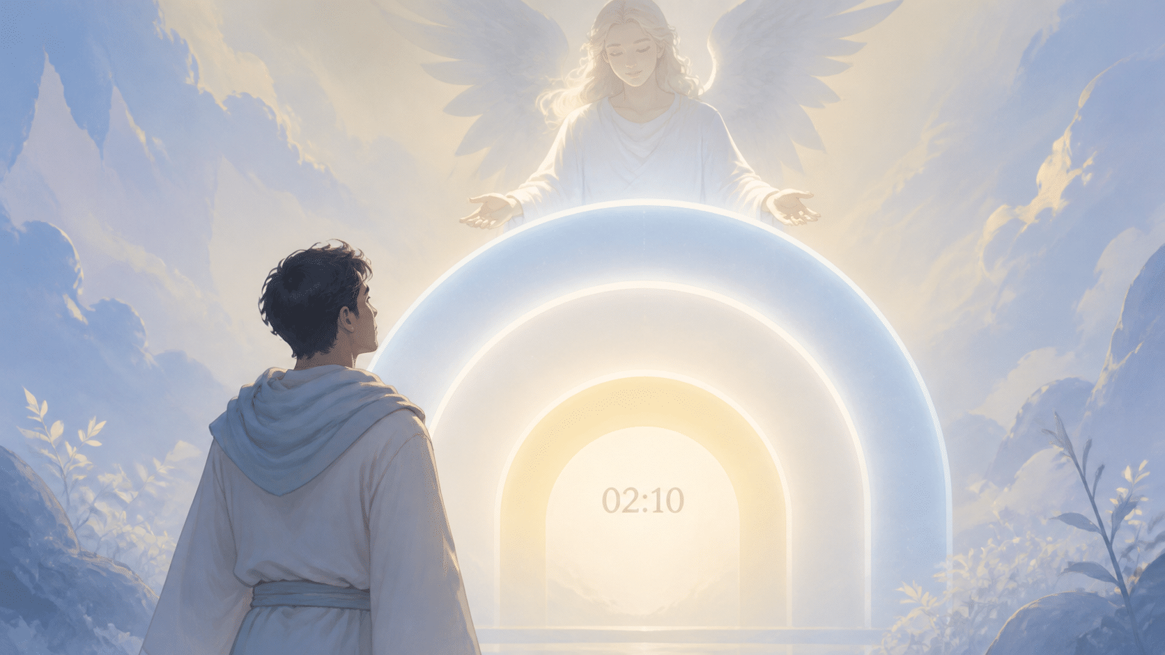 personnage latinos devant un seuil 2-1-0 bleu brume et blanc nacré avec Achaiah, symbolique de l'heure 02:10