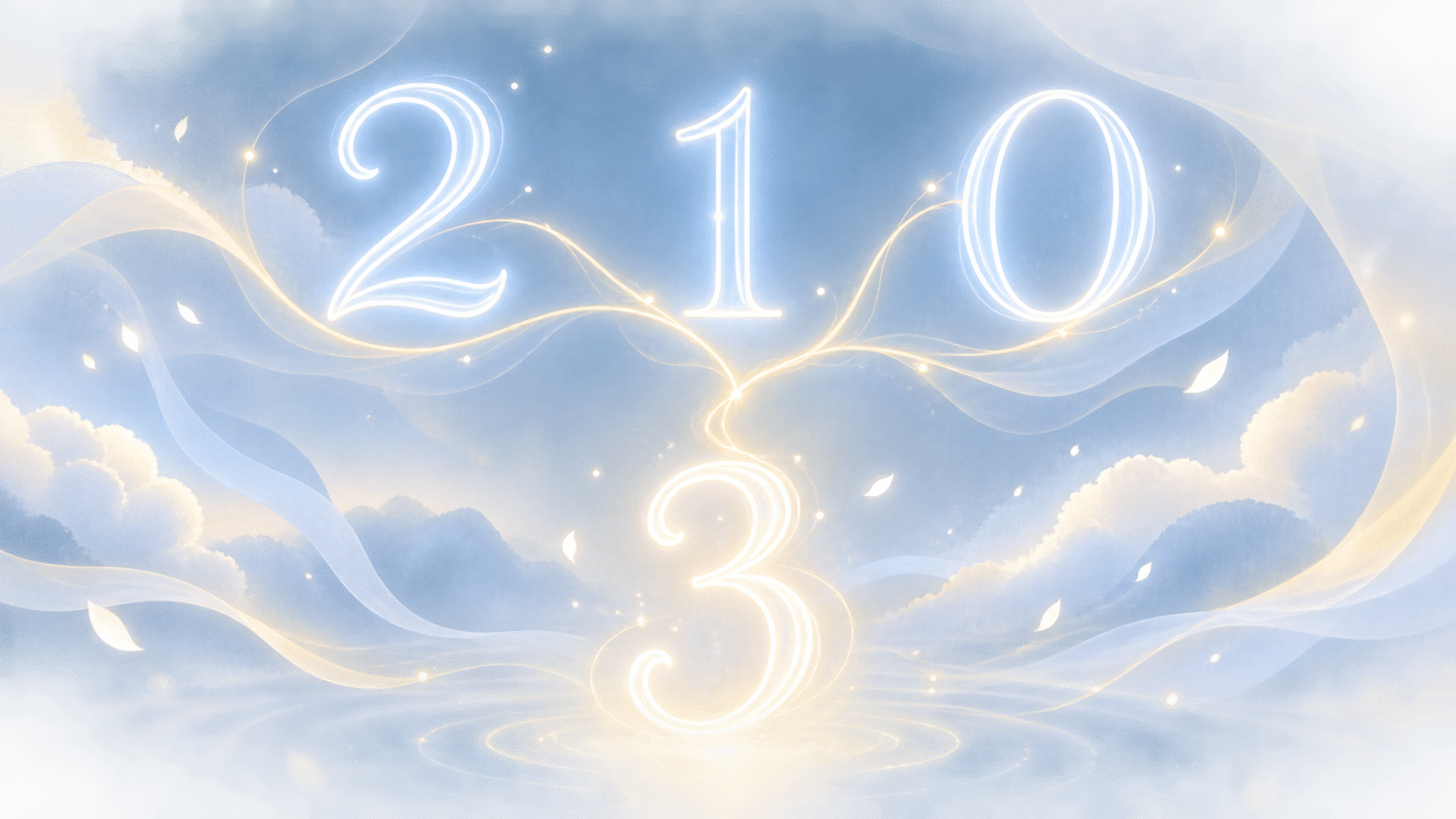 suite 210 et nombre 3 en bleu brume et blanc nacré, associations de l'heure 02:10