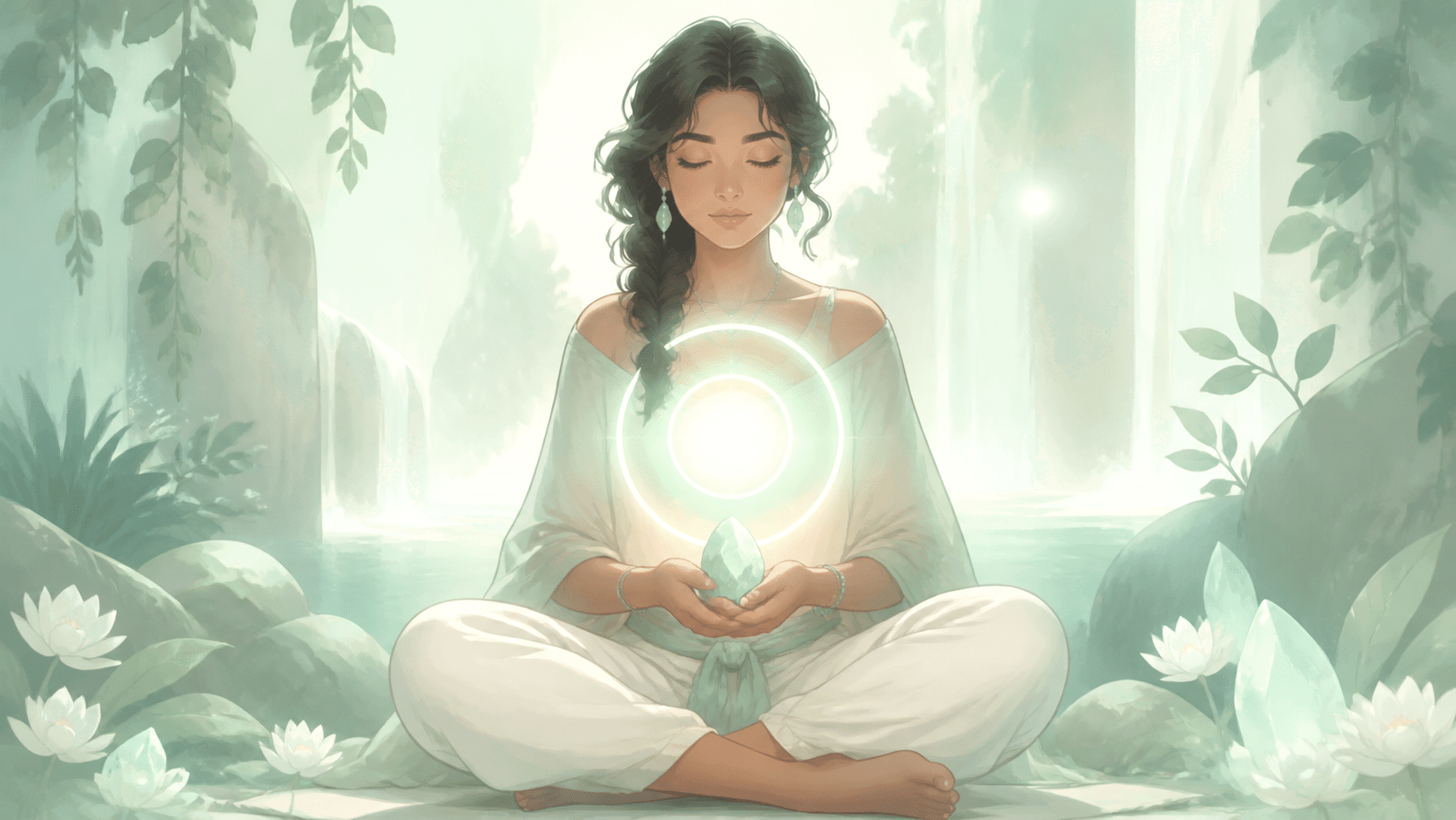 femme latinos méditant devant deux cercles vert d'eau, méditation de l'heure 03:02