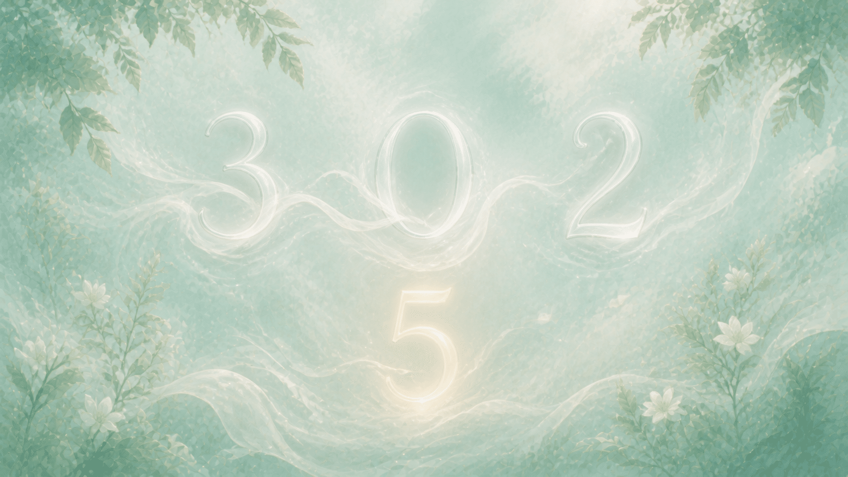 chiffres 3 0 2 et nombre 5 en vert d'eau et argent, associations de l'heure 03:02
