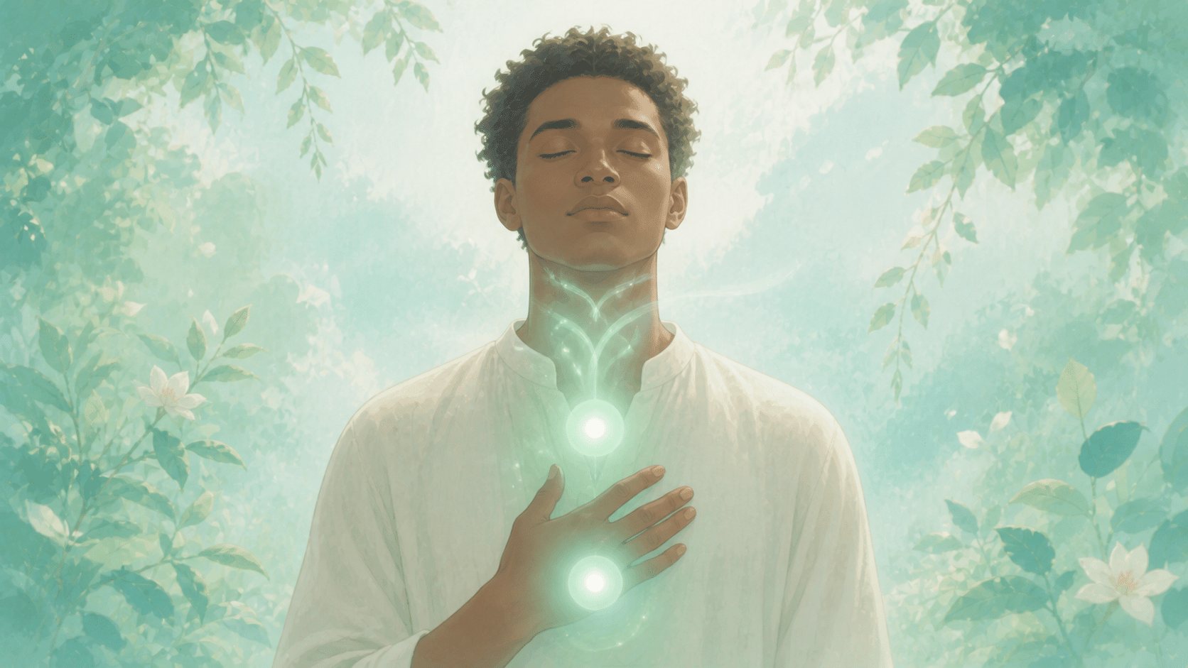 homme africain avec trois ondes devenant deux cercles vert d'eau, vibration de l'heure 03:02, signification heure 03:02
