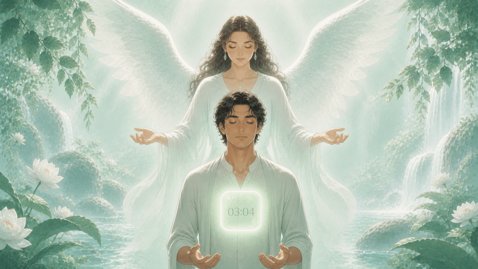 personnage latinos avec Aladiah au-dessus d'un carré lumineux, symbolique de l'heure 03:04