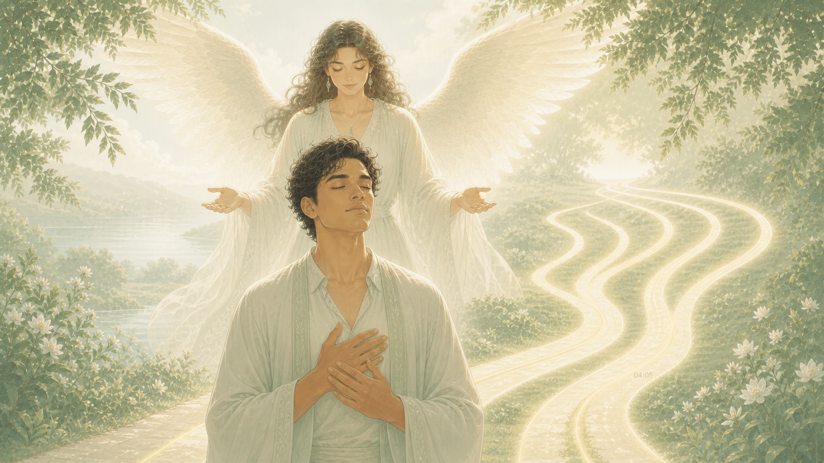personnage latinos avec Iezalel au-dessus d'un chemin ouvert, symbolique de l'heure 04:05