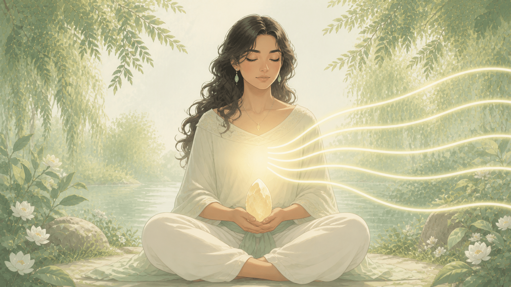 femme latinos méditant devant cinq souffles lumineux, méditation de l'heure 04:05