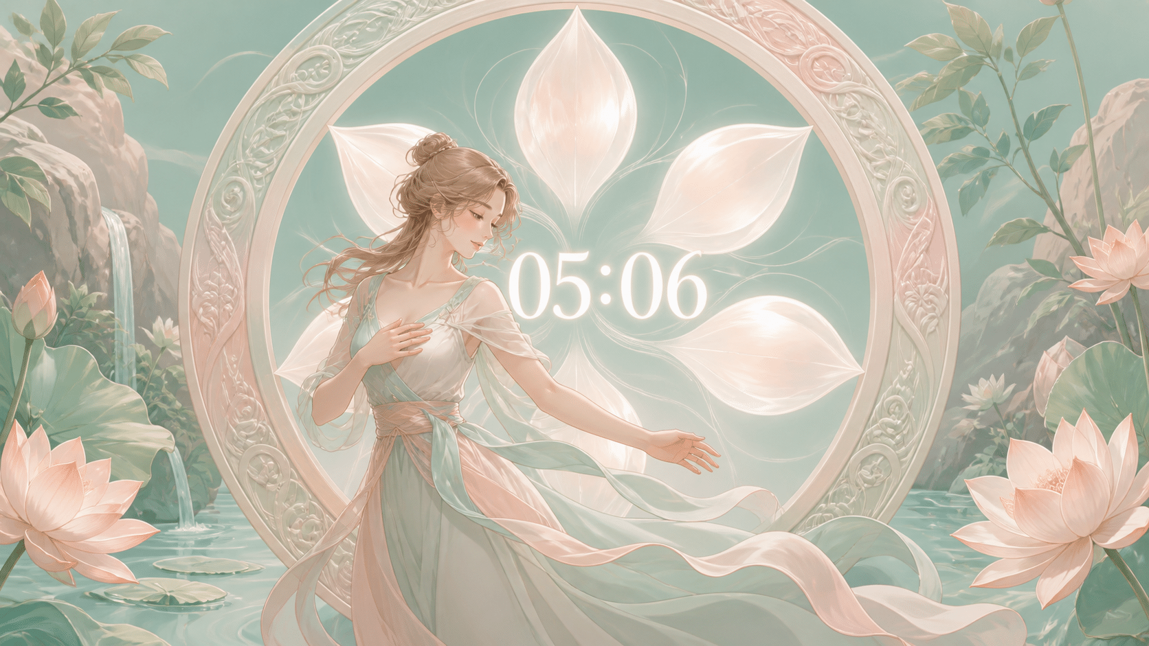 femme européenne devant un anneau vert d'eau avec 05:06, mouvement qui devient harmonie, signification de l'heure 05:06