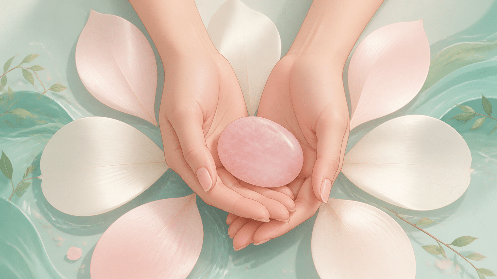 mains asiatiques tenant un quartz rose, message d'harmonie de l'heure 05:06