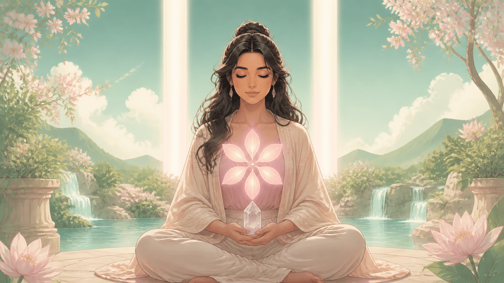 femme latinos méditant avec une améthyste claire et deux colonnes de lumière 11, méditation de l'heure 05:06