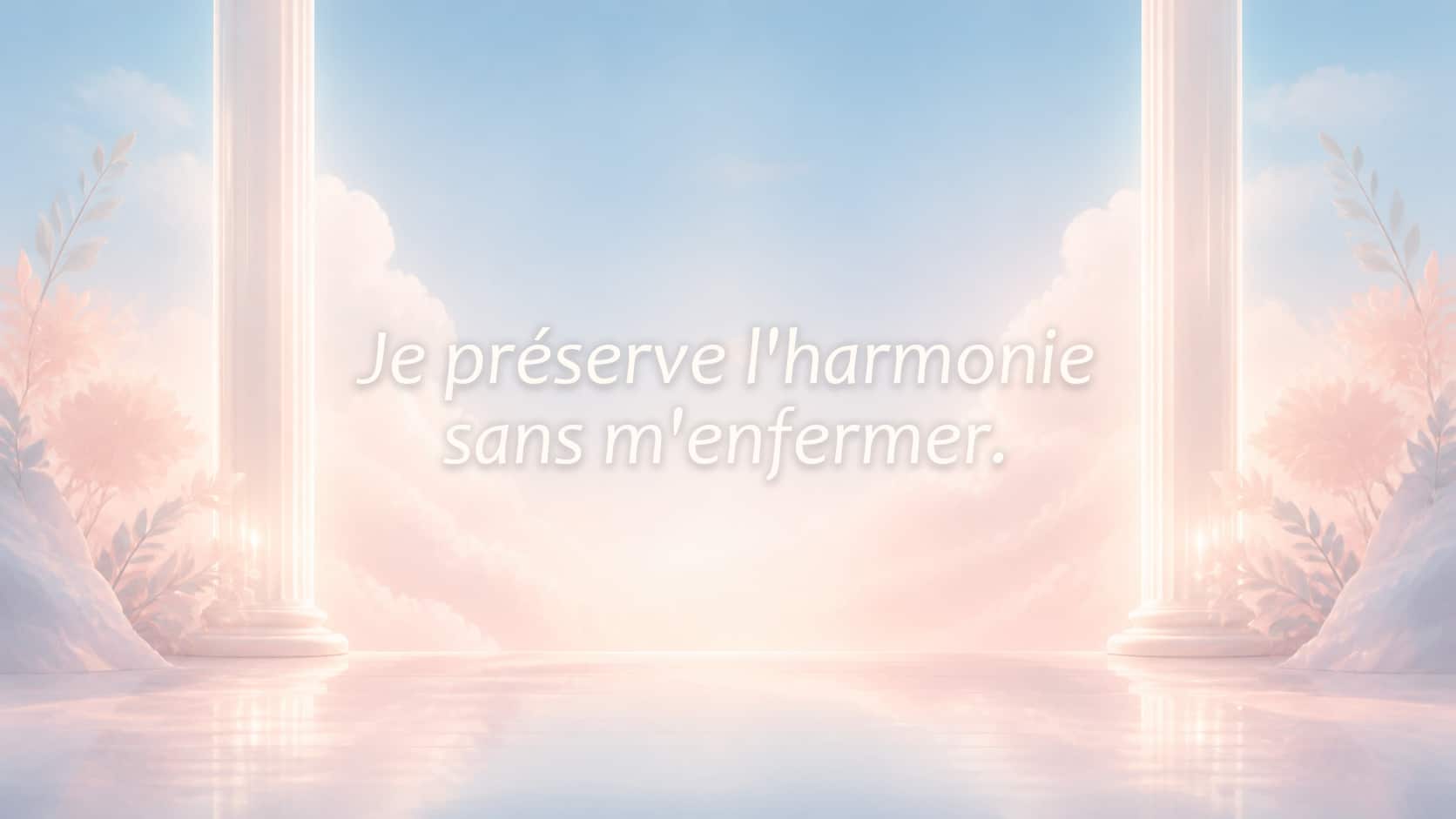 mantra de l'heure 06:05 en blanc nacré sur fond rose thé et bleu ciel