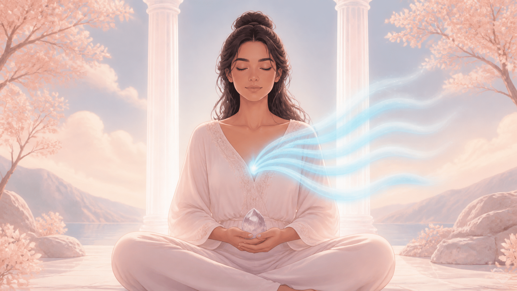 femme latinos méditant avec une améthyste claire et cinq souffles bleus, méditation de l'heure 06:05