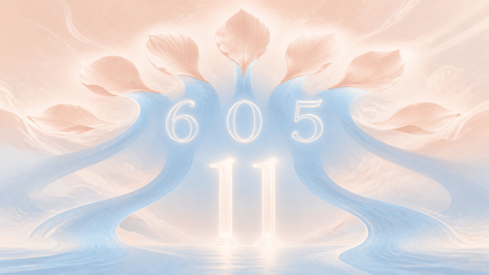 chiffres 6 0 5 et nombre maître 11 en rose thé et bleu ciel, associations de l'heure 06:05