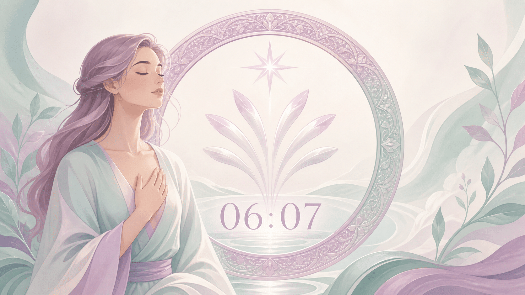 femme européenne devant un anneau mauve avec 06:07, harmonie qui cherche la sagesse, signification de l'heure 06:07