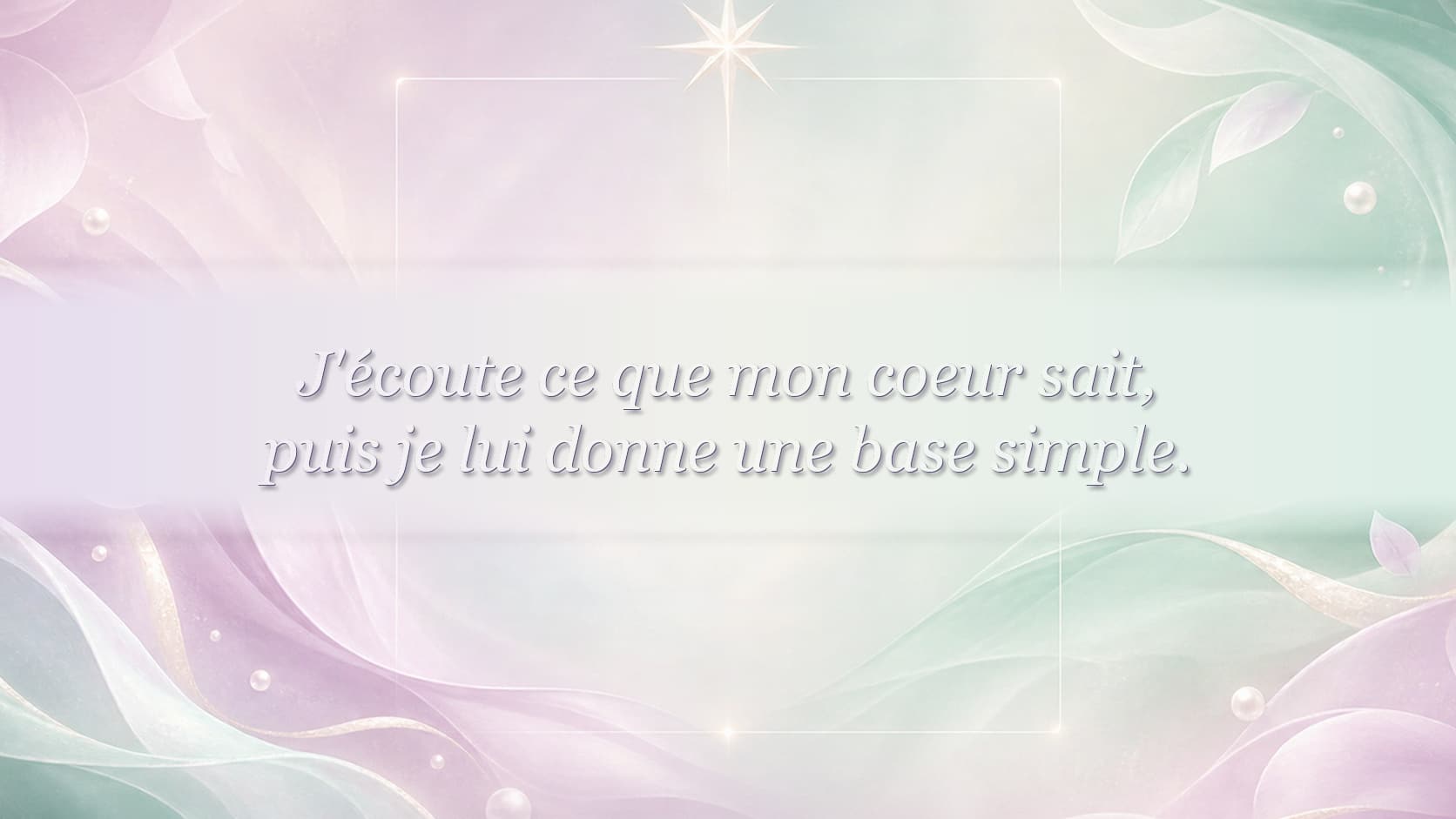mantra de l'heure 06:07 en blanc nacré sur fond mauve et vert d'eau