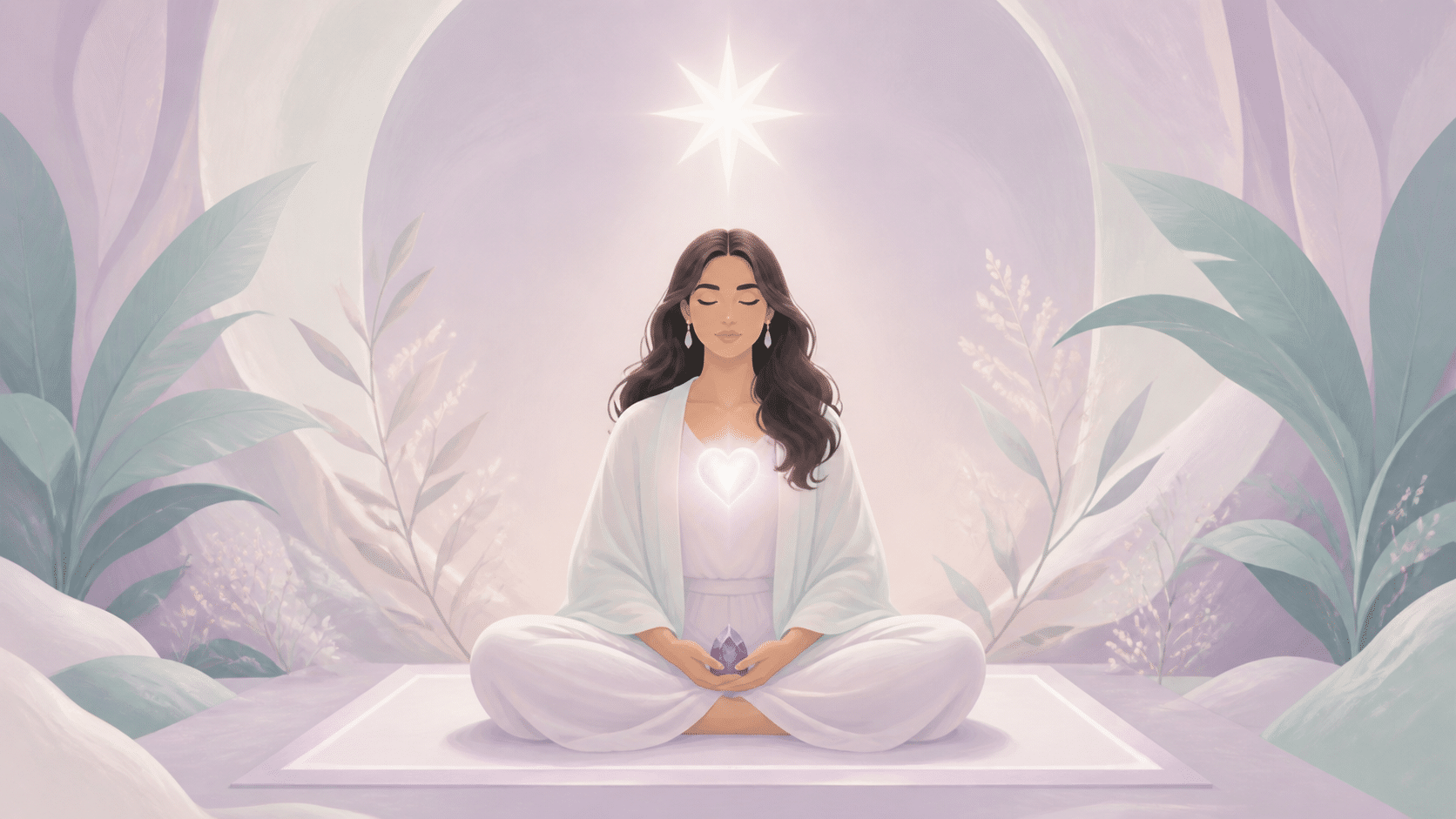 femme latinos méditant entre coeur lumineux et étoile à sept rayons, méditation de l'heure 06:07