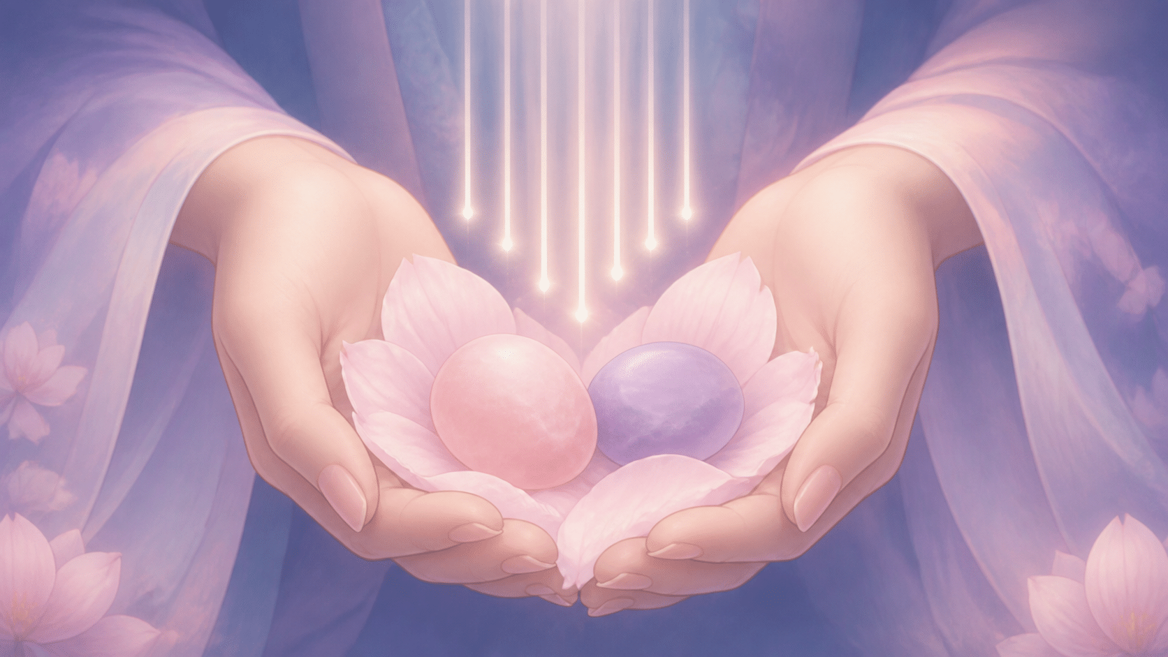 mains asiatiques tenant quartz rose et améthyste claire, message de l'heure 07:06