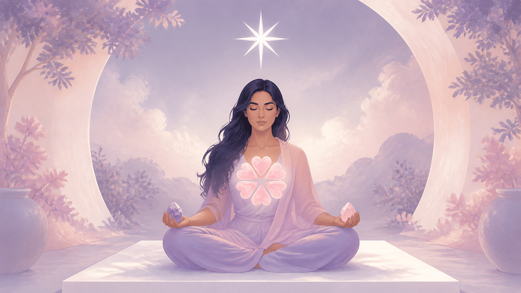 femme latinos méditant entre étoile à sept rayons et coeur à six pétales, méditation de l'heure 07:06