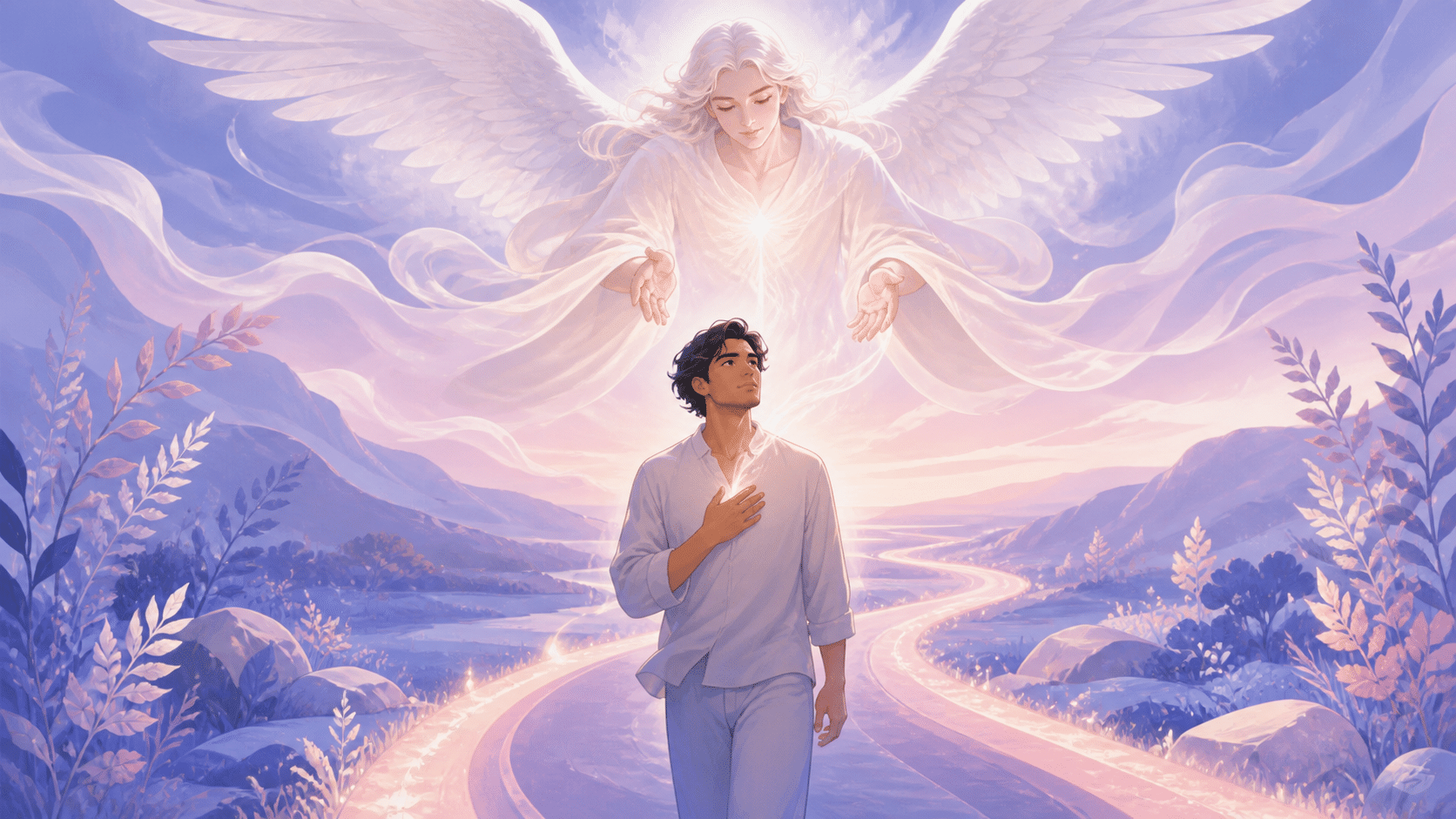 personnage latinos avec Yeiayel au-dessus d'un chemin indigo et rose, symbolique de l'heure 07:06