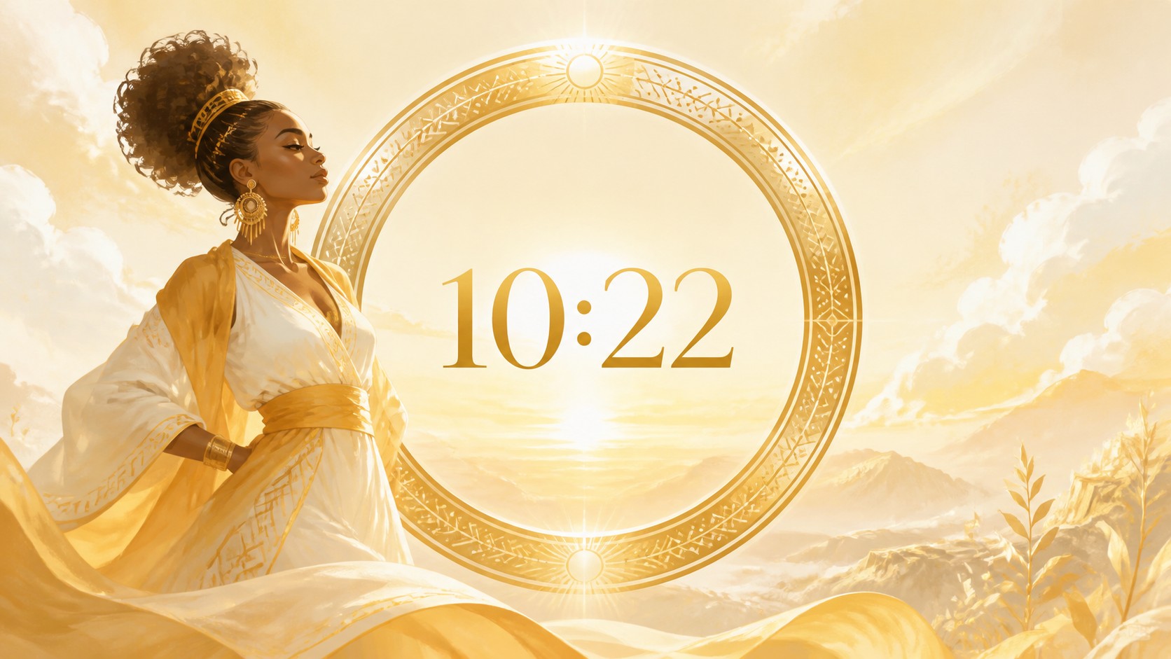 femme africaine devant un anneau en or et blanc lumineux avec 10:22 et un ciel matinal doré, signification de l'heure 10:22