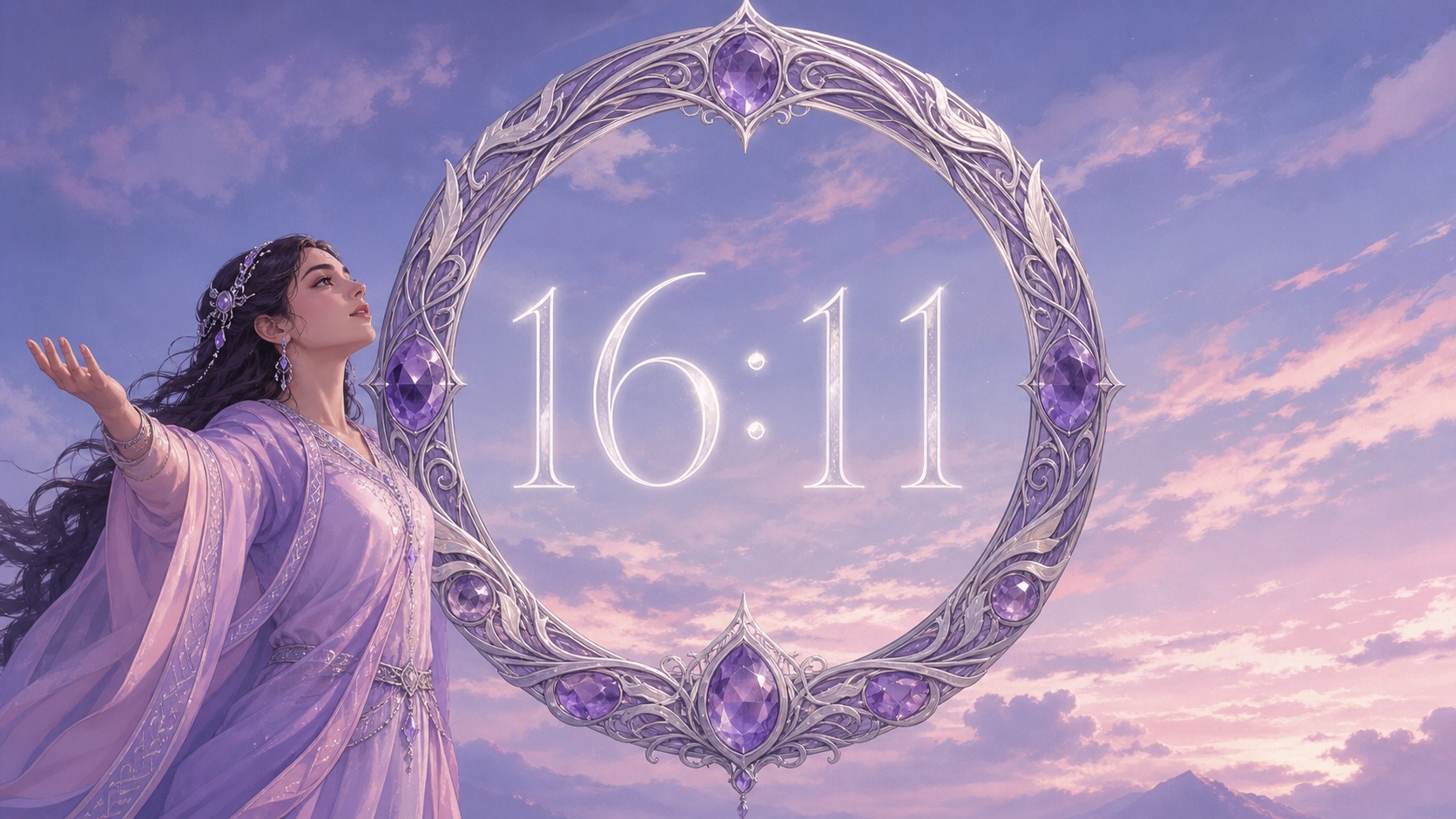 femme moyen-orientale devant un anneau en améthyste avec 16:11 en argent lunaire et un ciel lavande de fin d'après-midi, signification de l'heure 16:11