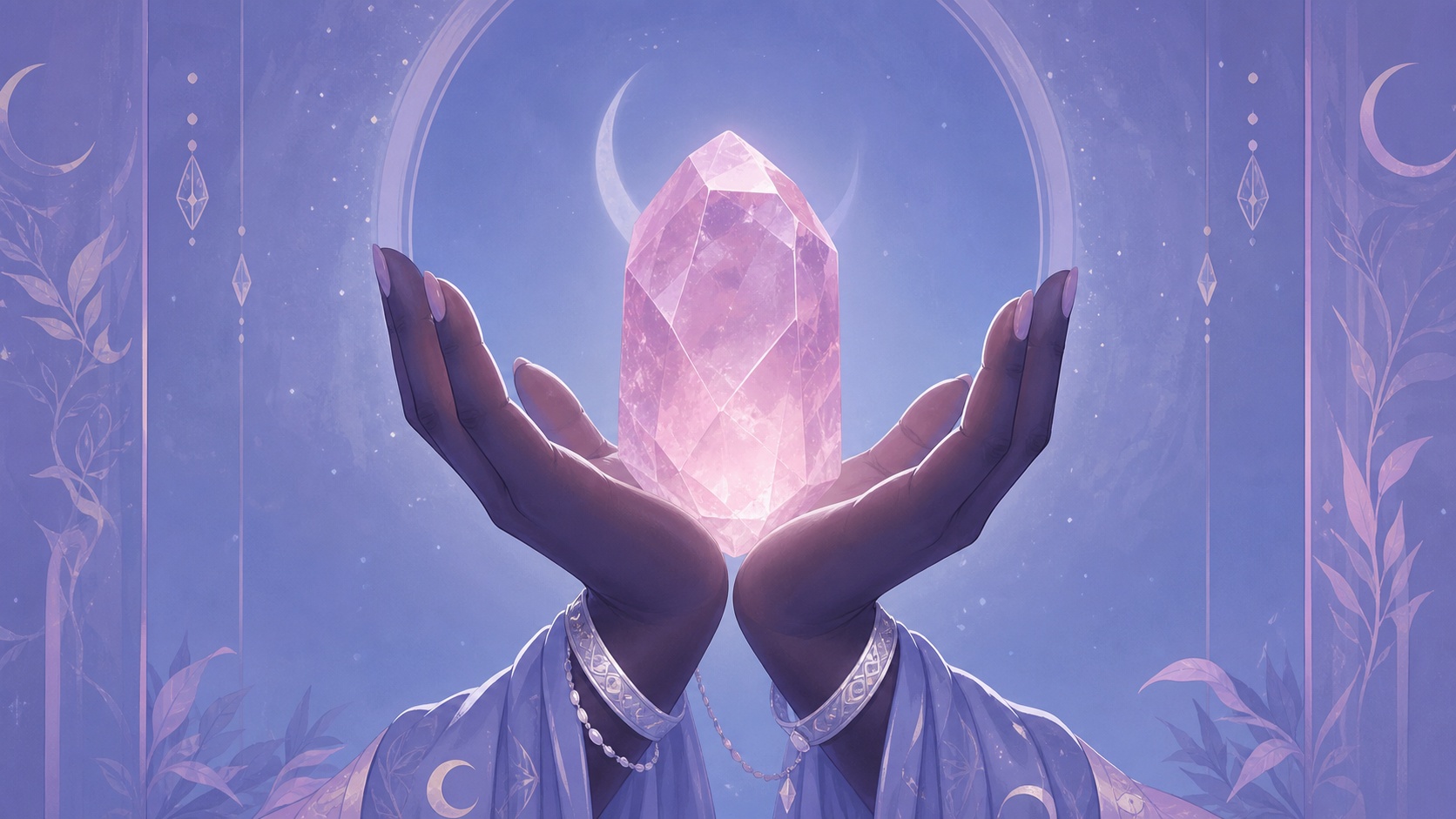 mains africaines élevant un quartz rose dans la lumière lavande, message de l'heure 16:11