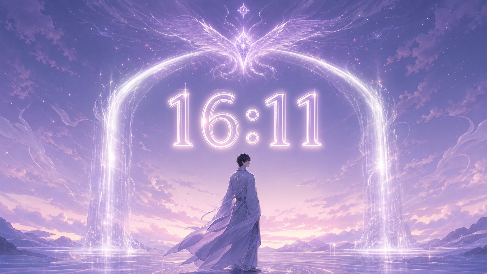 personnage asiatique entre deux piliers de lumière argent lunaire évoquant le 11 avec Vehuel dans l'arc, symbolique de l'heure 16:11