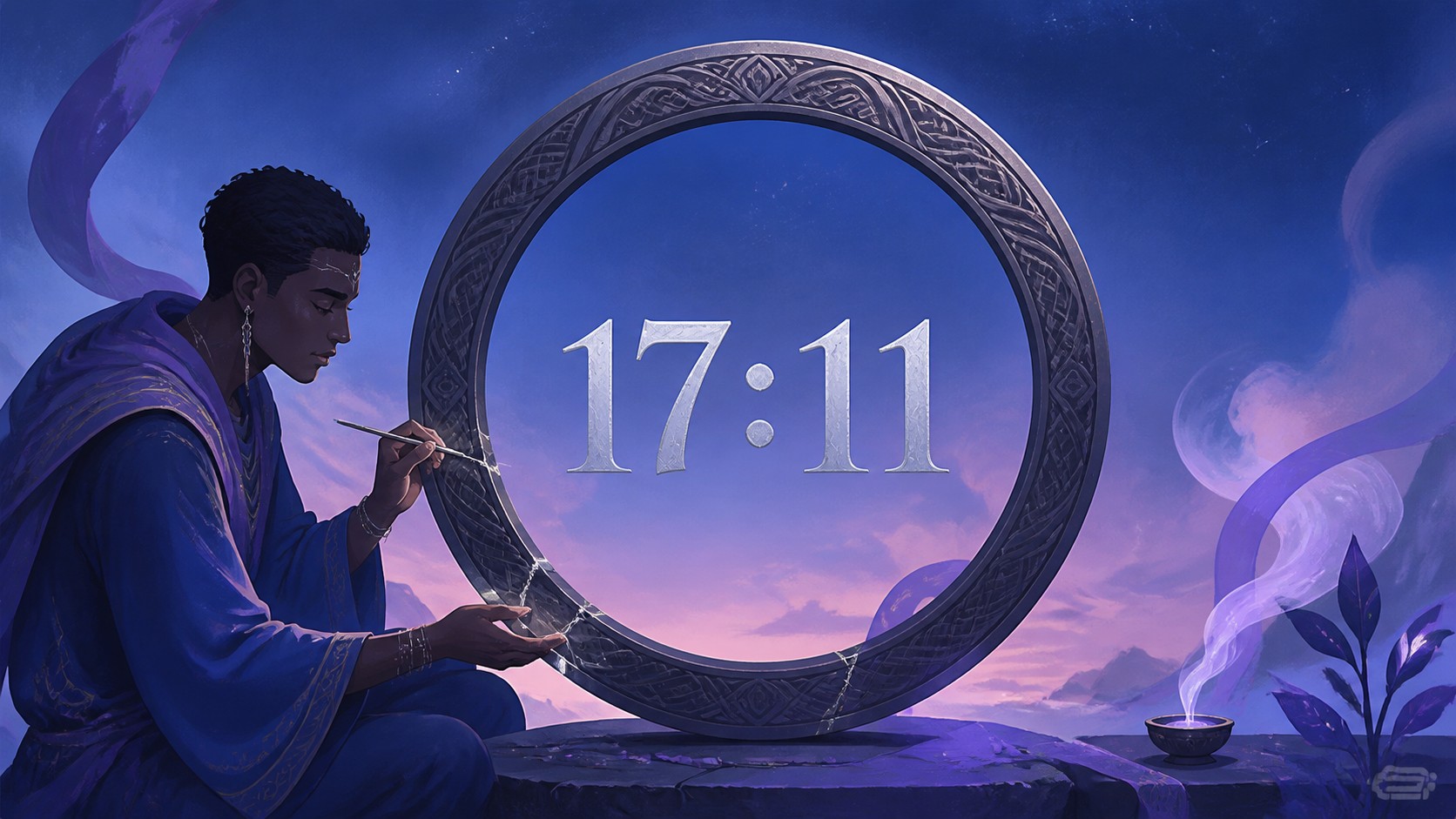 homme africain devant un anneau en pierre sombre avec 17:11 en argent lunaire et un ciel de crépuscule naissant, signification de l'heure 17:11