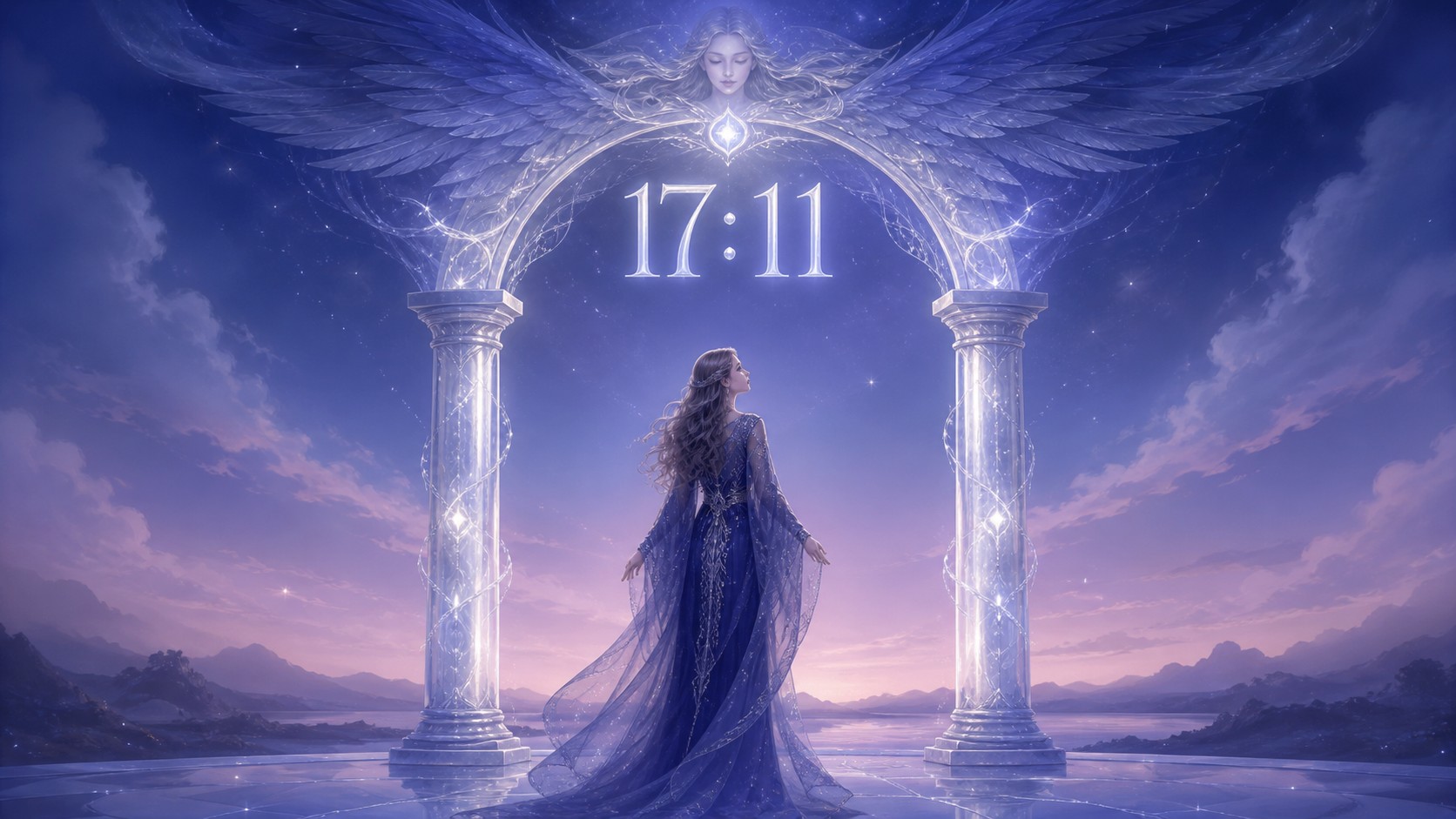 personnage européen entre deux piliers de lumière argent lunaire évoquant le 11 avec Imamiah dans l'arc, symbolique de l'heure 17:11