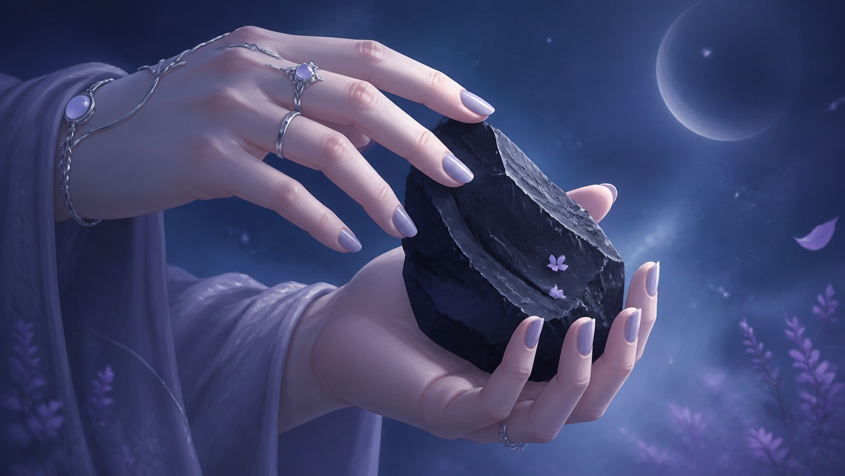 mains nordiques tenant une obsidienne dans la lumière du crépuscule naissant, message de l'heure 17:11